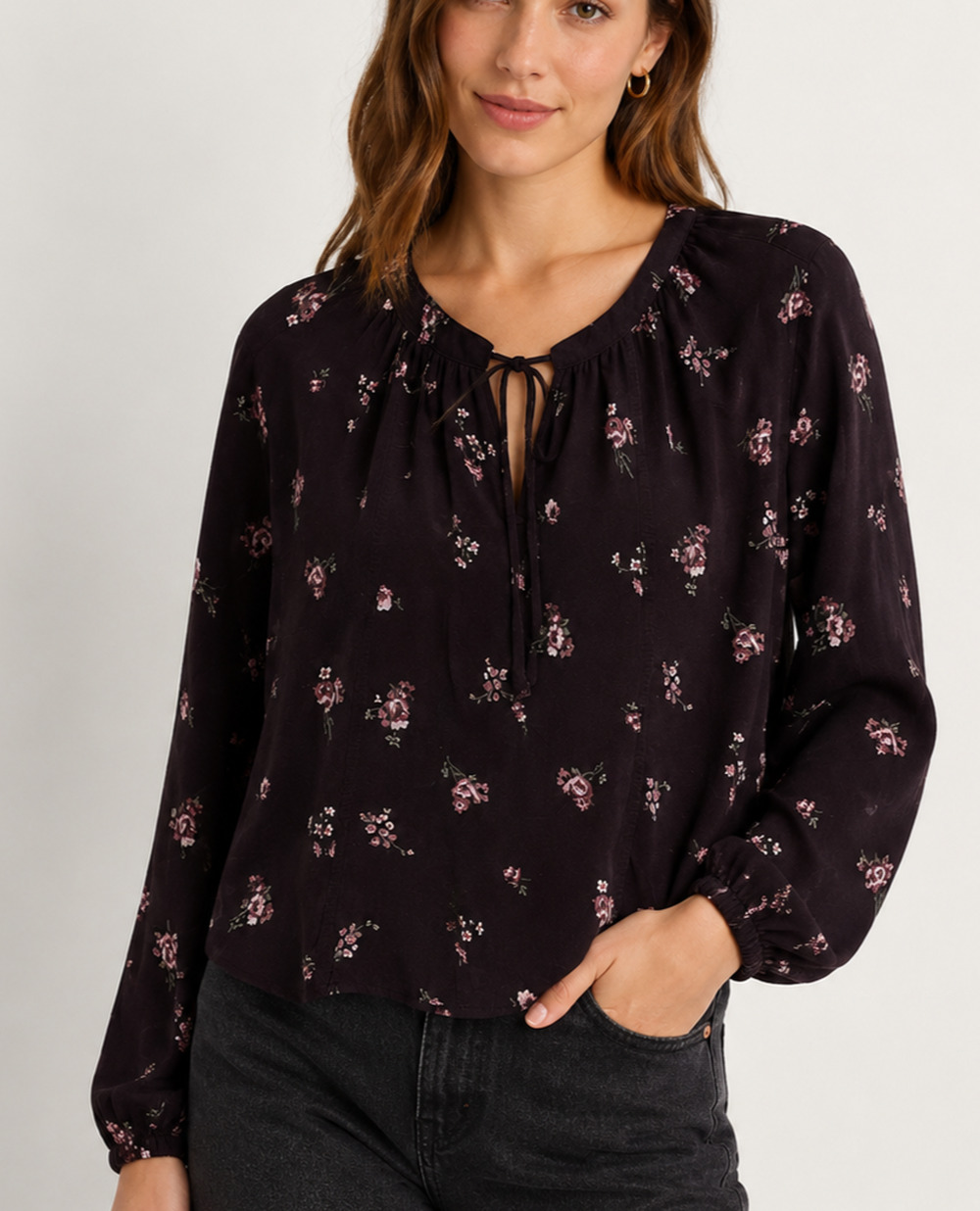 Hollister Womens Small Black Floral Peasant Top Tie Neck Long Sleeve Viscose